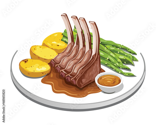 Delicious roasted rack of lamb with baked potatoes and green asparagus on a white plate - Vector Illustration