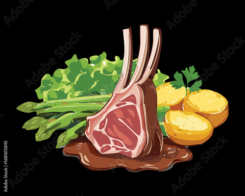 Grilled lamb chops with fresh rosemary and roasted baby potatoes on a white plate - Vector Illustration