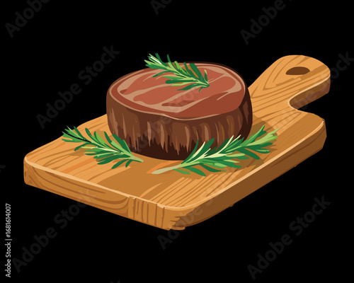  A juicy, thick beef steak with fresh rosemary and black peppercorns on a wooden cutting board - Vector Illustration