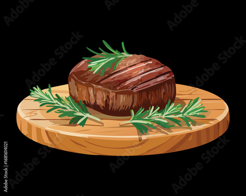 A perfectly cooked filet mignon steak with fresh rosemary on a rustic wooden cutting board - Vector Illustration