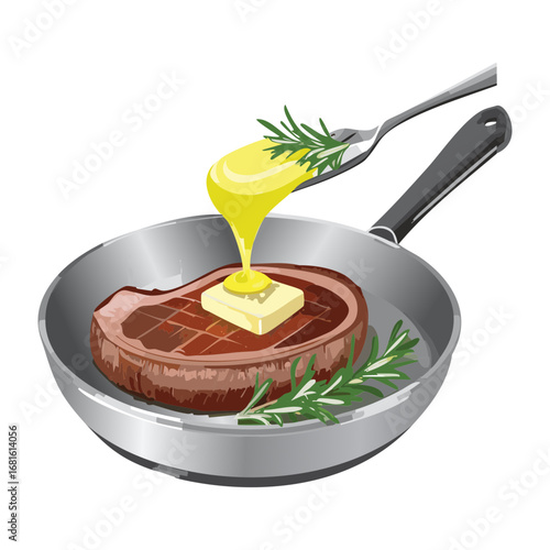 A delicious piece of beef steak drizzled with melted butter and fresh herbs in a hot skillet - Vector Illustration