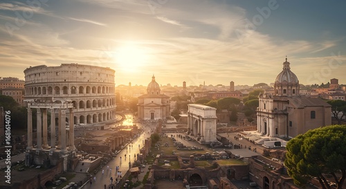 Ancient Roman Colosseum and Forum at Sunrise.