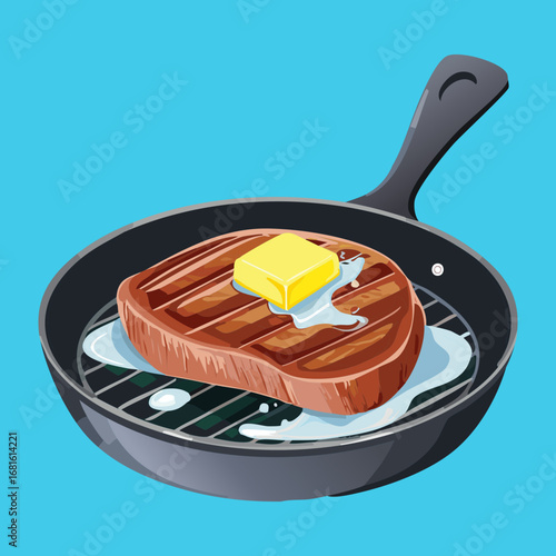 A sizzling grilled beef steak with a sunny-side-up fried egg and herbs on a black skillet - Vector Illustration