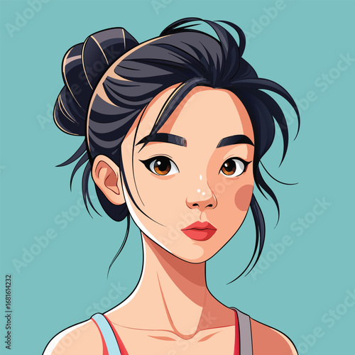 Stylized portrait of a young woman with dark hair in a bun