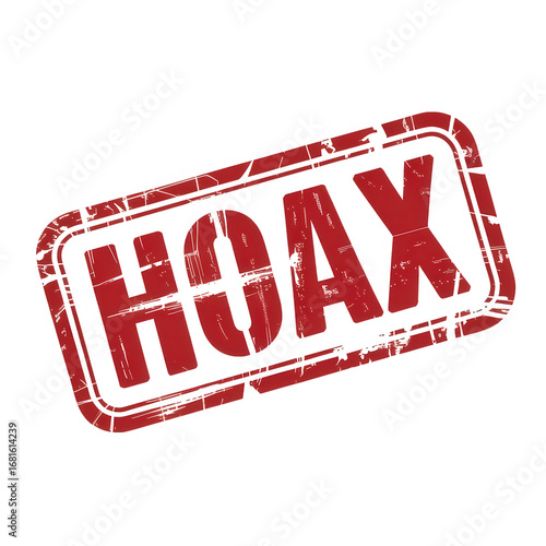 Distressed red hoax stamp graphic symbolizing deception and falsehoods transparent background