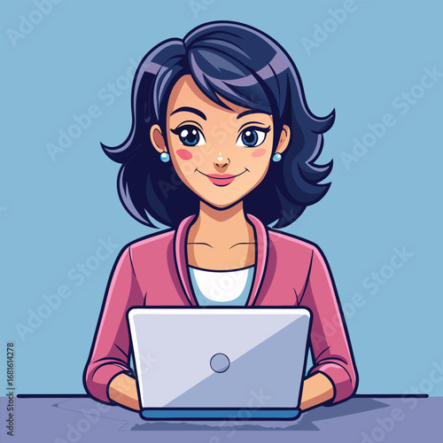 Cartoon woman working on laptop computer with a smile