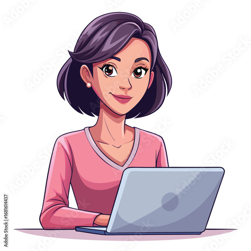 Cartoon woman working on a laptop computer at a desks