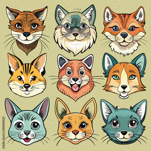 Collection of nine cute cartoon fox faces with different expressions and colors