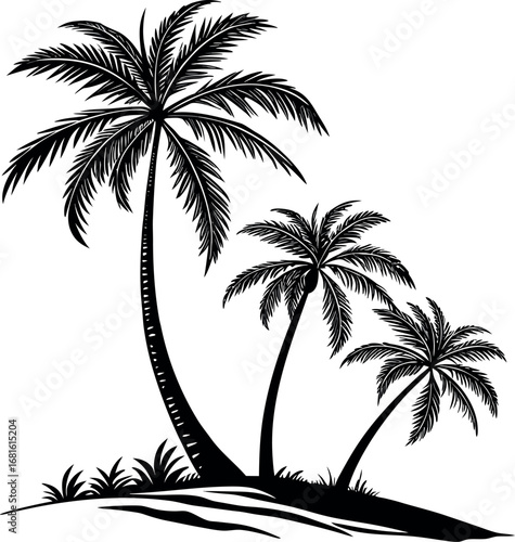 Palm trees silhouette: a serene black and white graphic of a tropical landscape featuring palm trees. The image exudes tranquility, perfect for evoking a sense of relaxation and escape.