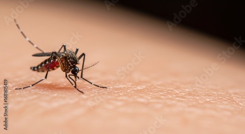 A mosquito with a redfilled abdomen rests on human skin Its striped legs and antennae are visible