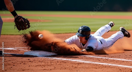 Baseball player slides into home base as dust flies during a close game