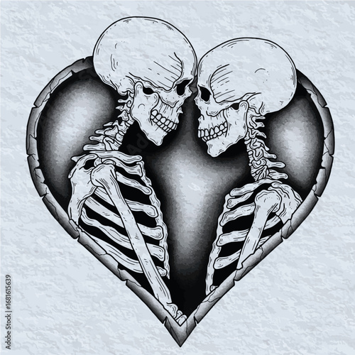 Skeletal lovers embrace within a heart, a poignant symbol of eternal affection and devotion