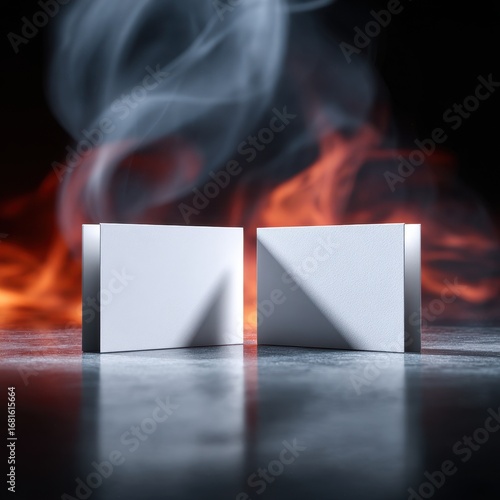 Folded business card mockup with fire and smoke — realistic branding template