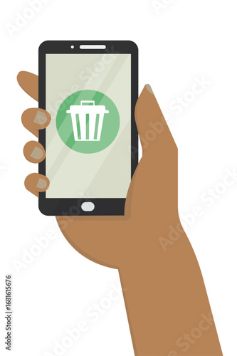 Hand Holding Phone with Trash App. Waste management application, digital cleanup tools, and environmental mobile technology. Flat style. Zero waste concept. Isolated. Vector illustration
