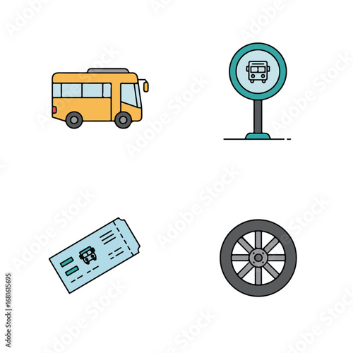 Bus icons with a yellow vehicle, sign, ticket, and wheel on white
