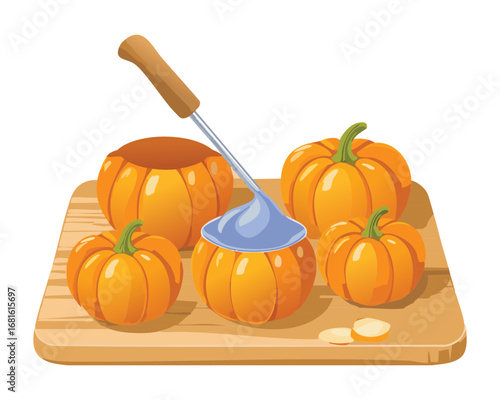 A group of whole and halved pumpkins arranged with a knife and wooden board, a rustic autumn cooking scene - Vector Illustration