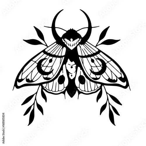 Mystical moth with lunar phases and botanical accents, perfect for witchcraft or nature themes
