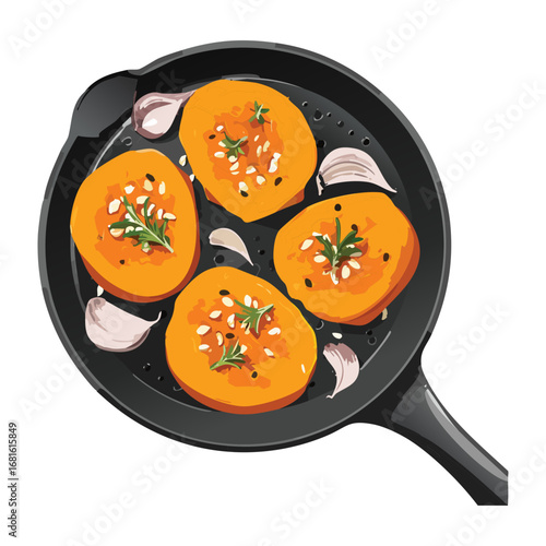 A cast iron skillet with delicious baked pumpkin slices and seasonings, a rustic and flavorful side dish for dinner - Vector Illustration