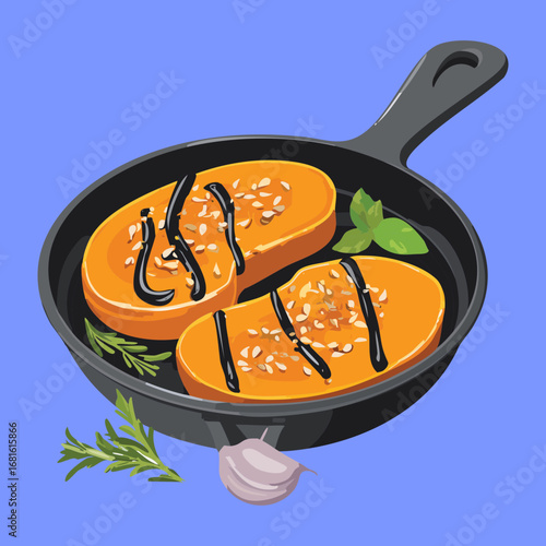 A cast iron skillet with delicious baked pumpkin slices, a rustic and flavorful side dish for an autumn meal - Vector Illustration