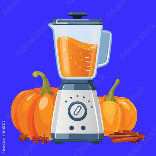 A large blender filled with vibrant pumpkin smoothie, a fresh and healthy autumn drink, with whole pumpkins nearby - Vector Illustration
