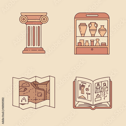 Museum Icons Column, Display, Map, Book