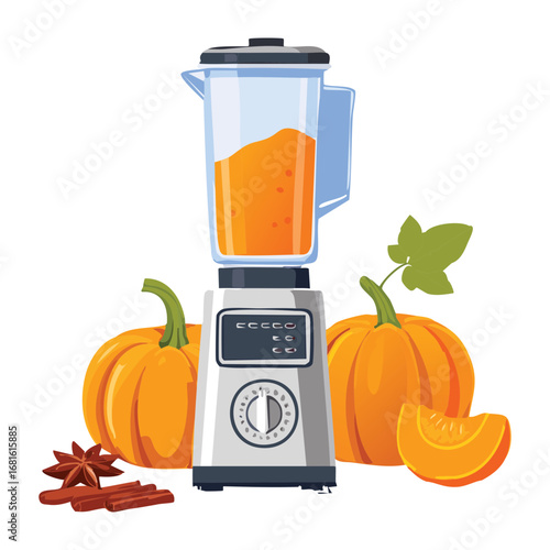 A vibrant orange pumpkin and a blender with juice, a fresh and healthy autumn beverage preparation scene - Vector Illustration