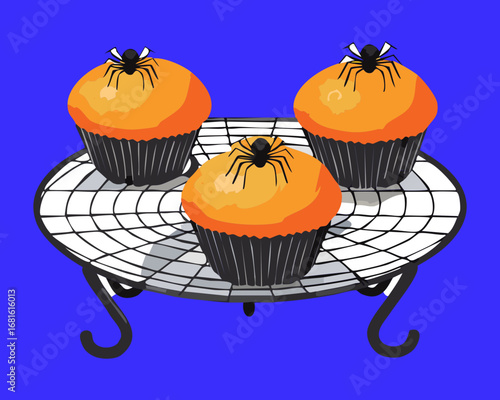 A trio of delicious pumpkin cupcakes on a cooling rack, freshly baked and ready to be decorated for autumn - Vector Illustration
