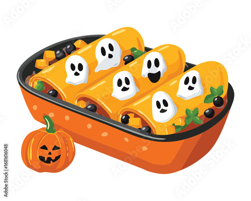 A Halloween-themed casserole dish with cute ghost-shaped food and bats, a fun and festive holiday meal - Vector Illustration