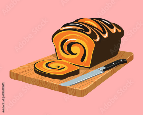 A sliced pumpkin roll cake with a creamy filling, a delicious and classic autumn dessert on a cutting board - Vector Illustration
