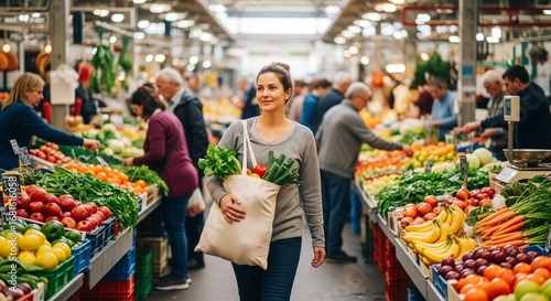 Smiling Woman Shopping for Fresh Produce with Reusable Bag at a Busy Market