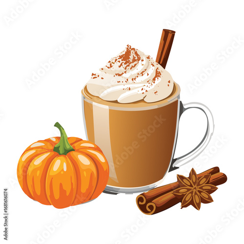 A steaming hot mug of pumpkin spice latte topped with whipped cream and cinnamon sticks, a classic autumn beverage - Vector Illustration