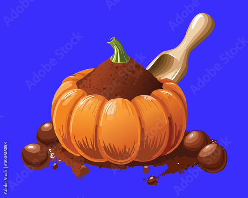 A whole pumpkin covered in melting chocolate sauce with a serving scoop, a delicious and decadent autumn treat - Vector Illustration