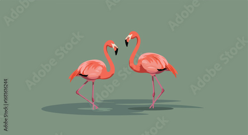 Two pink flamingos on a gray-green background standing close together