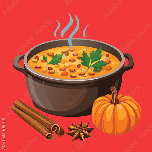 A steaming, delicious pumpkin stew with chopped vegetables, served in a reddish-brown pot, a classic autumn comfort food - Vector Illustration