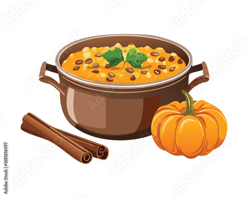 A steaming, delicious pumpkin stew with chopped vegetables, served in a traditional brown pot, a perfect cold weather meal - Vector Illustration