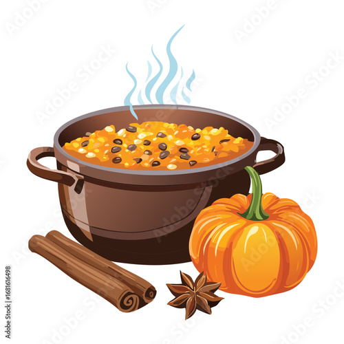 A hearty and rustic pumpkin stew served in a cooking pot with a cinnamon stick, a warm and comforting autumn dish - Vector Illustration