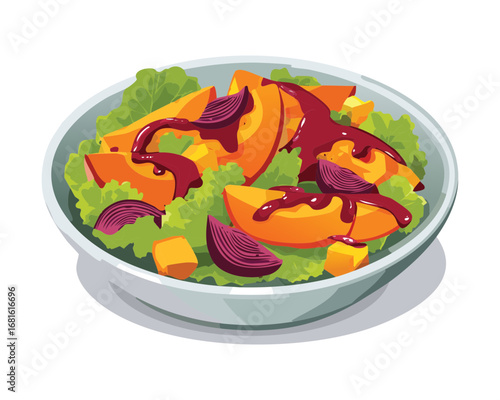 A savory and healthy autumn salad with roasted pumpkin, fresh vegetables, and vibrant greens in a stylish bowl - Vector Illustration