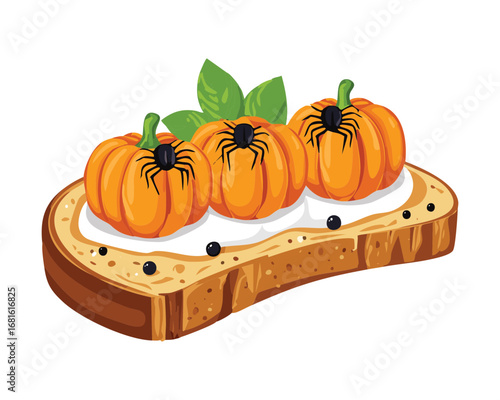 Gourmet bruschetta with creamy whipped pumpkin and baked pumpkin pieces on a wooden board, perfect autumn appetizer - Vector Illustration