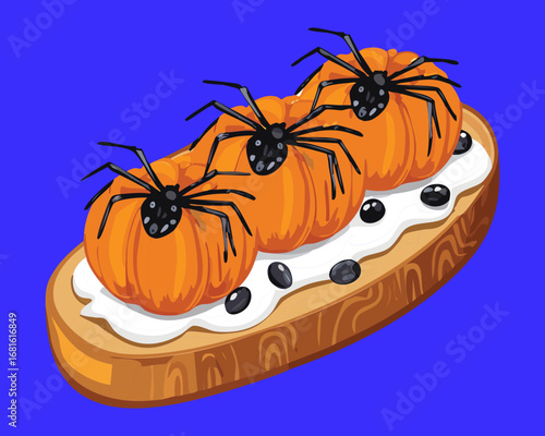 Gourmet bruschetta with whipped pumpkin topping and dark, spooky spiders, a perfect and unique snack for Halloween - Vector Illustration