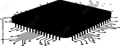 Black silhouette of a computer microchip component with pins on all sides
