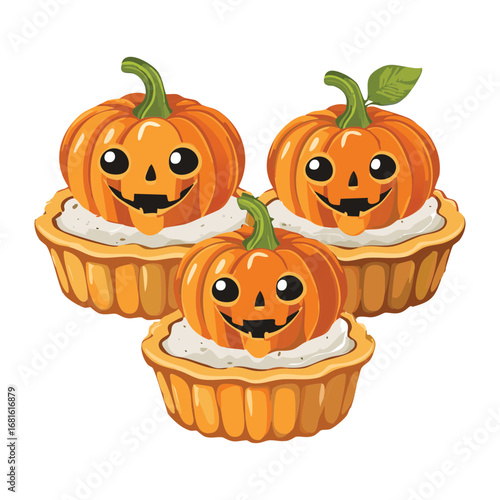 Adorable and delicious pumpkin-shaped cupcakes arranged on a white plate, perfect for a festive Halloween party treat - Vector Illustration