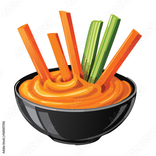 A delicious pumpkin dip with fresh vegetable sticks, served in a stylish bowl - Vector Illustration