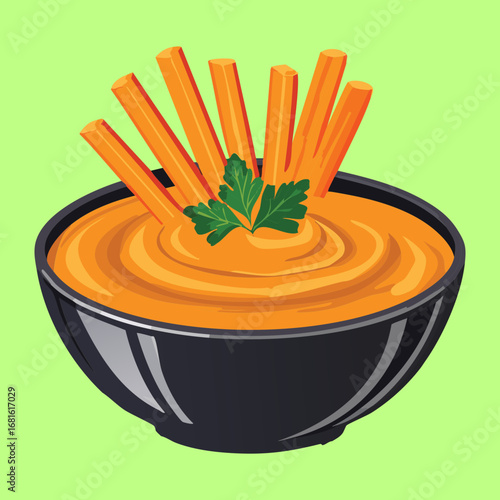 A savory pumpkin dip served with a variety of vegetable sticks in a bowl - Vector Illustration