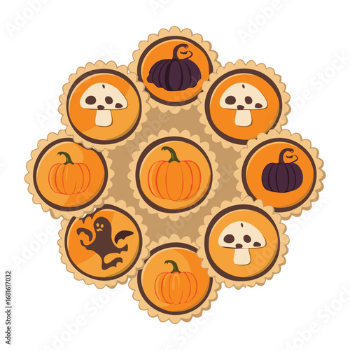 A fun set of halloween pumpkin cookies with different spooky faces - Vector Illustration