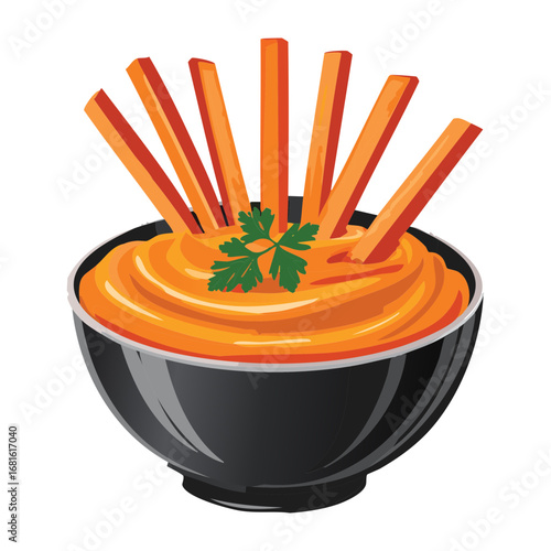 Savory pumpkin dip with carrot and celery sticks, in a stylish black bowl - Vector Illustration