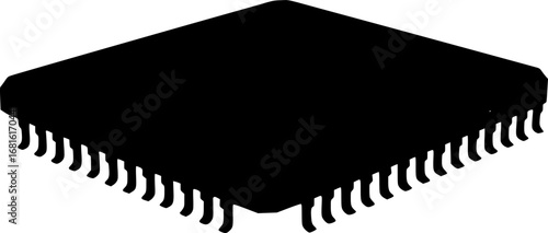 Black silhouette of a computer microchip component with pins on all sides
