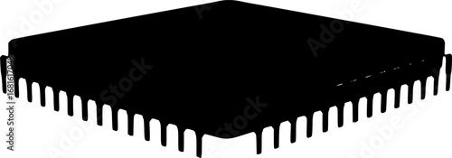 Black silhouette of a computer microchip component with pins on all sides
