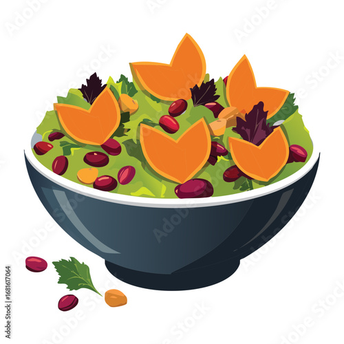 A healthy and festive halloween salad with pumpkin and cranberries in a bowl - Vector Illustration