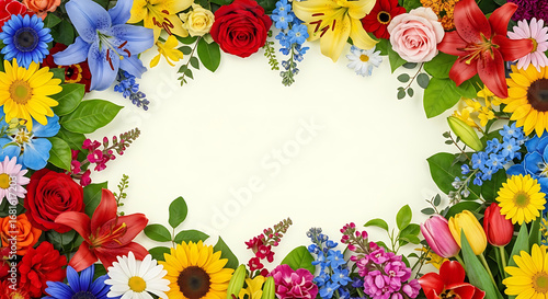 A captivating and colorful array of fresh garden flowers forming a beautiful, vibrant frame around a central space