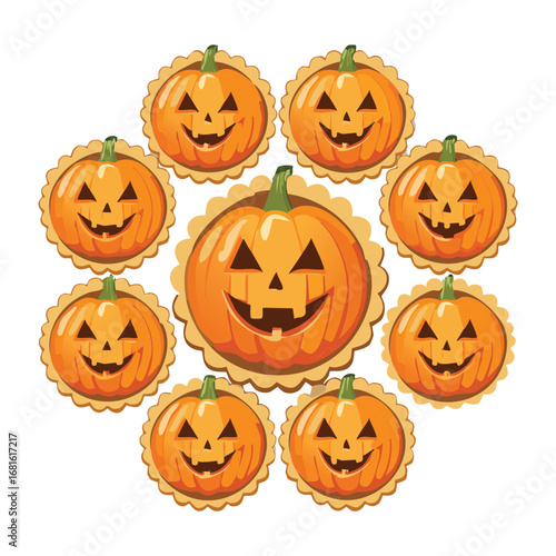 Collection of various size pumpkin cookies with cute faces for Halloween - Vector Illustration